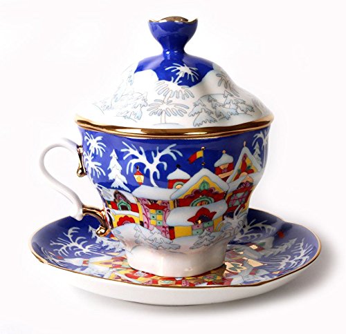 Lomonosov Porcelain Covered Cup Set Gift-2 Winter Fairy Tale 8.45 oz/250 ml