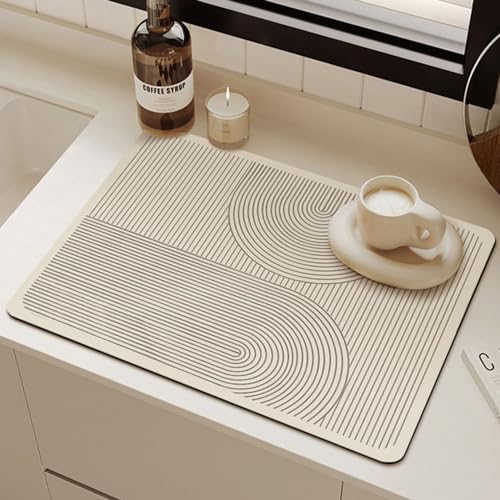 Hixingo Tapetes de Secado de Platos Absorbente, Tapete de Secado de Platos Antideslizante, Tapete de Secado Línea para Cocina, Tierra Diatomácea (Raya,40x50cm)