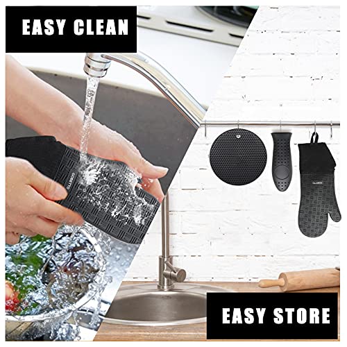 Gobetto 6-Piece Silicone Oven Mitts And Pot Holders Sets, 15-Inch Extra Long Heat Resistant Oven Gloves With Cast Iron Handle Cover Holders And Hot Pads For Kitchen Cooking Baking Grilling (Black) #TOP4
