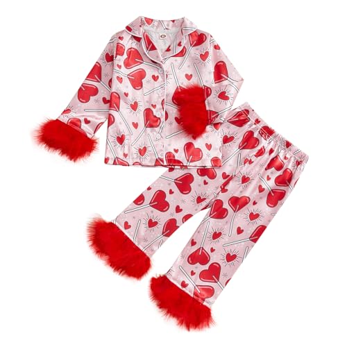 DuAnyozu Toddler Baby Girl Satin Valentines Pajamas Set Feather Trim Heart Print Little Girl Valentines Pjs Spring Clothes