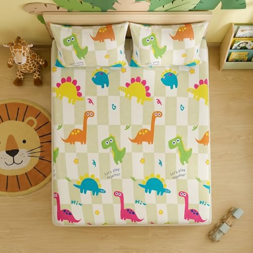 Image of Filymore Kids Double Bedsheet with 2 Pillow Covers - Cartoon Dinosaur Theme, 240 TC Soft Microfiber Bed Sheet for Double Bed (90x90 Inches), Breathable & Skin-Friendly Kids Bedding Set, Green & White
