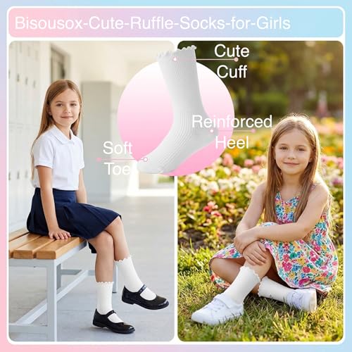 BISOUSOX Girls Socks 6-8 Years Old White Ruffle Cute Ankle Crew Frilly Ruffled Kids School Dress Socks for Girls 8-10 12 - Image 3
