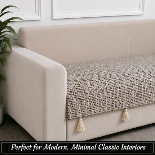 Image of STITCHNEST 'Nomad Weave Collection' 1 Seater Sofa Cover|Elegant Jacquard Fabric, Decorative Tassels, Washable & Durable for Modern Living18