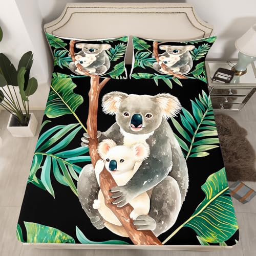 Erosebridal Koala Bedding Set, Cartoon Cute Koala Bed Sheet Full Size for Kids Boys Girls, Animal Fitted Sheet, Tropical Palm Leaf Bedspread Cover Bedroom Living Room Decor