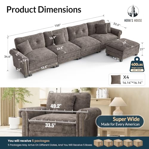 Image of HERA'S HOUSE 150 inch Oversized L Shaped Modular Sectional Couch Living Room | Mid-Century Modern 5-Seater Cloud Sofa, Grayish Brown, Rolled Arms & Nailhead Trim, Wider & Deeper Seats, Ottoman, Chenille