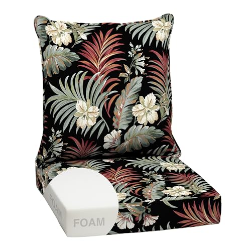 Image of Arden Outdoor Foam Deep Seat Cushion Set, 24 in x 24 in, Weather-Proof, Rain-Proof, Fade Resistant Patio Cushion, Bottom and Back Cushion for Chair, Sofa, and Couch Simone Black Tropical