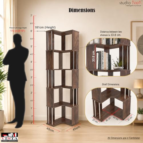 Image of Studio Kook Vista Engineered Wood Corner Bookshelf | Bookcase (Matte Finish) (Junglewood)