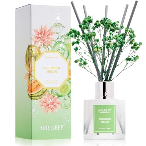 Image of Airkeep Reed Diffuser Set,3.38 fl oz (100 ml) - Cucumber Melon Oil Diffusers with 8 Reed Sticks, Home Fragrance Reed Diffuser for Bathroom Shelf Decor