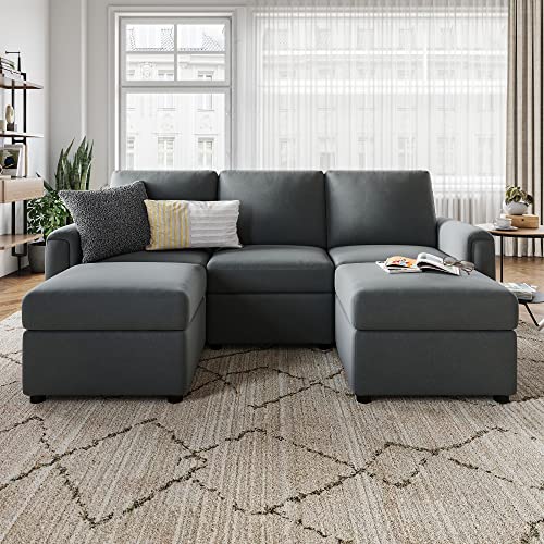 LINSY HOME Modular Sofa, 3 Seat Sectional U Shaped Couch with Storage, Modern Small Sofas with Storage Space and Ottomans for Living Room, Apartment, Dark Gray