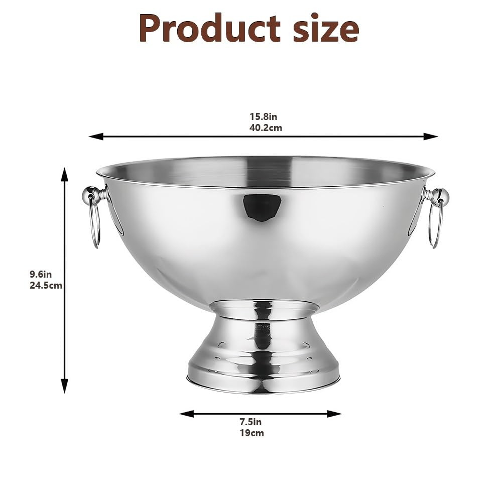 Grande secchiello per champagne in acciaio inox, 40,1 cm, per vino, birra, bevande, ciotola per punch con doppia maniglia per feste, bar, barbecue, ristorante, eventi all'aperto (argento)
