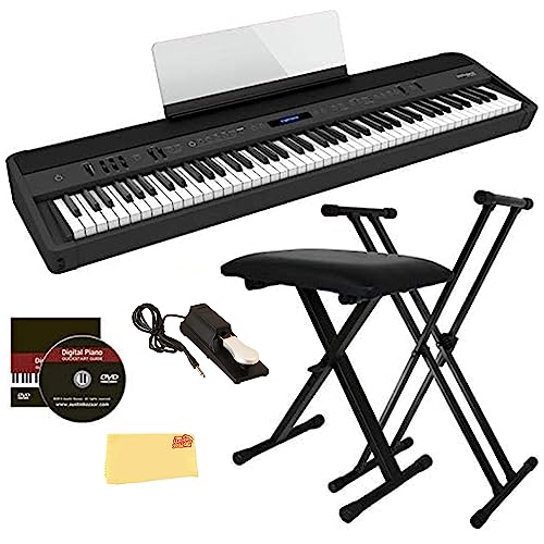 Roland FP-90X Digital Piano - Black Bundle with Adjustable Stand, Bench, Sustain Pedal, Austin Bazaar Instructional DVD, and Polishing Cloth