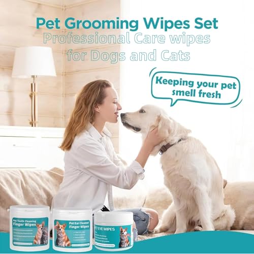 Image of Pet Cleaning Wipes Kit For Dogs&Cats,includes Ear Finger Wipes,Teeth Finger Wipes and Eyes Wipes,Gently Clean Dogs&Cats Ear Wax,Remove Plaque&Tartar Buildup and Reduce Tear Stains,Non-Irritatingogs