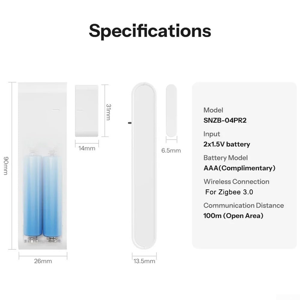 DAZZLEEX SenseGuard DW Sensore di contatto per porte e finestre SNZB-04PR2 Smart Security Alarm con rilevamento manomissione funziona con Google, 90 x 26 mm, bianco