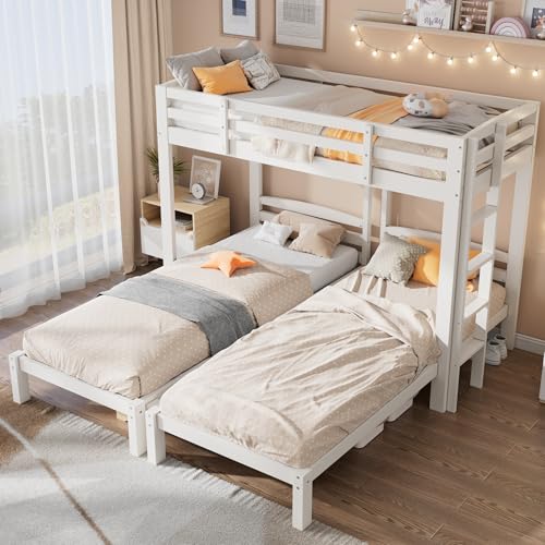 Merax Triple Bunk Bed, Three Sleepers, 3ft Single Bed Frame for Kids/Children/Teenagers, 2 Beds of 90X190, 1 Bed of 90X200, Solid Pine Wood, White(Without mattress)
