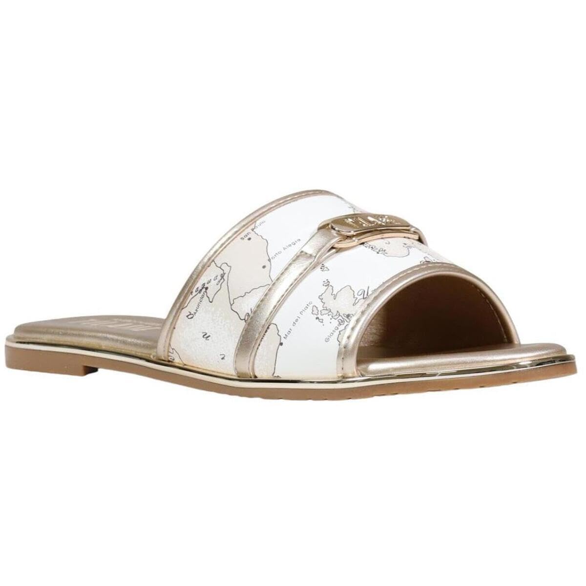 1ª Classe Sandalo Piatto da Donna, Bianco e Oro, Stampa Mappa del Mondo, Slip On, Pelle Sintetica (38)