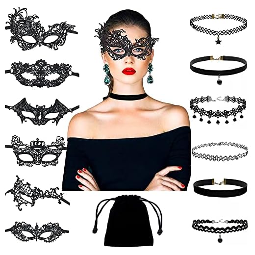 12 Pcs Women Girls Ladies Masquerade Lace Eye Mask & Necklaces Black Lace Velvet Chokers Set for Women, Soft Gentle Material, Specially For Costume, Fancy, Halloween Party, Cosplay & More