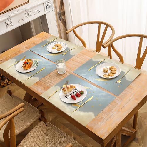 Set de table lavable lune et chaton durable et dessous de plat gris-bleu élégant - 6