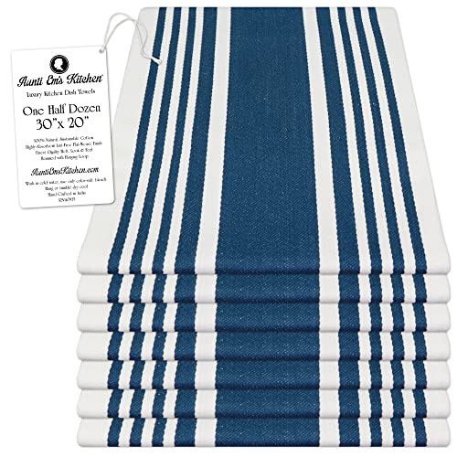 Aunti Em's Kitchen Designer Hand and Kitchen Dish Towels Woven from 100% Responsibly-Farmed, Thick, Luxurious Cotton, Oversized 20 x 30 inches, One Half Dozen, Marine Stripe