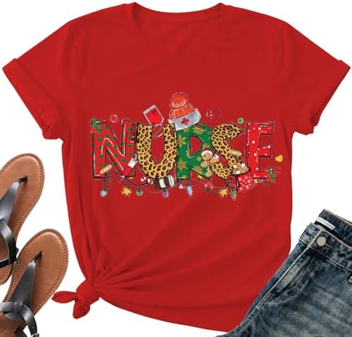Christmas Nurse Shirts for Women - Xmas Nurse Short Sleeve Nursing School Festive Holiday Tee Tops
