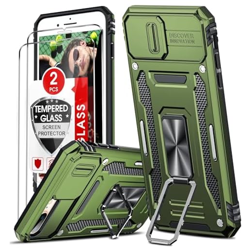 LeYi Coque pour iPhone 8 Plus,Coque iPhone 7 Plus et Protection Caméra Coulissante+2*Verre Trempé+Anneau Support, Étui de PC Dur et TPU Silicone Militaire Anti-Rayures Antichoc-Vert Olive