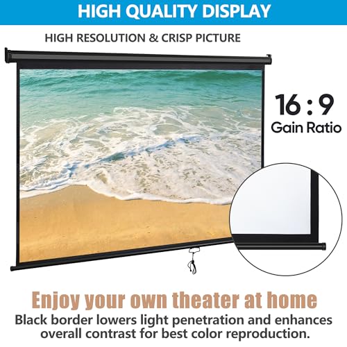 Image of 80 inch 16:9 HD Manual Projector Screen with Auto Lock Anti-Crease Home Theater Office Wall Mounted Ceiling Pull Down Projection 1.1 Gain Matte Black, View Size: 72 x 40 inches