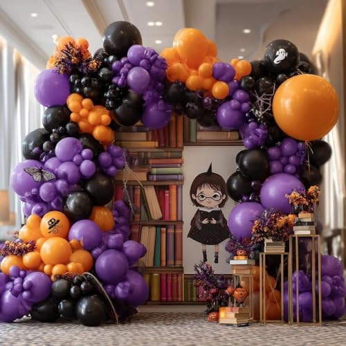 Image of Purple Orange Balloon Arch Kit, Double Stuffed Purple Lavender Orange Black Balloon Garland for Basketball Sport Theme Birthday Race Car Magic Graduation Baby Shower Party Decorations