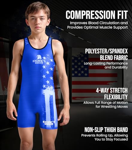 Exxact Sports Patriot Youth Wrestling Singlet For Boys, Premium Powerlifting Singlet, Kids Wrestling Singlets For Training (YS, Royal)