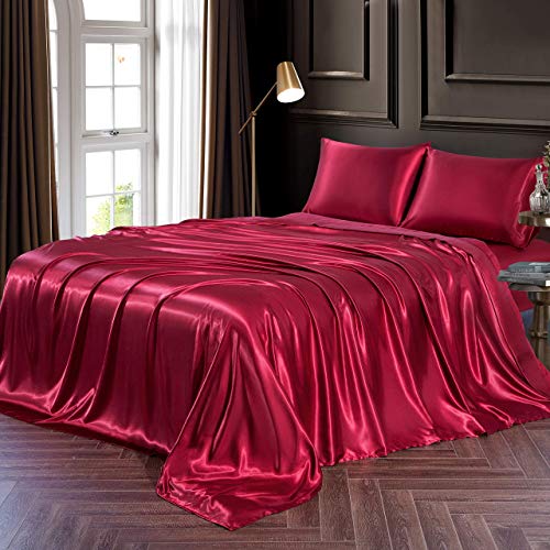 Reliable Bedding Luxurious Ultra Soft Silk Satin 4-Piece Bed Sheet Set -1 Silk Fitted Sheet Fits Upto 15" Dp- 1 Silk Flat Sheet - 2 Silk Pillowcase- Luxurious Bedding Set - Queen, Burgundy