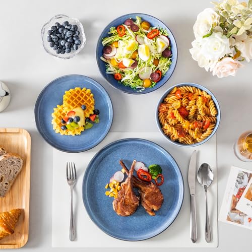 Steingut Geschirrset 6 Personen, vancasso ANYA Blau Teller Set Modern 24 teilig,Tafelservice mit Speiseteller, Suppenteller, Desserttellern, Schüsseln, Geschirr Set Spülmaschinen und Mikrowellenfest