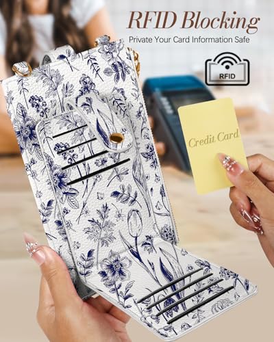 Image of Miss Adola Phone Purse Crossbody Bags for Women - Leather Small Cell Phone Wallet RFID Blocking with Card Slots & Adjustable Strap Cute Designer Aesthetic Cross Body Bags, Blue Line Flower
