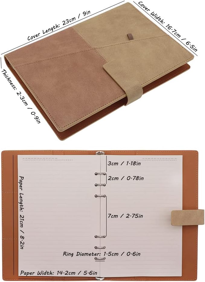 HXRTANGS A5 Loose-Leaf Notebook, Refillable 6-Ring Binder Journal Organizer with 80 Sheets Lined Paper + Planner Stickers + Subject Dividers + Index Tabs + Zip Bag + Stencil + Bookmark Ruler, Beige