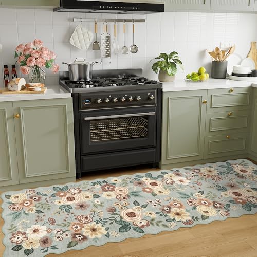 DUKINO 2x10 Runner Rug for Hallway, Washable Kitchen Rug with Non Slip Backing & Non-Shediing, Soft Low Pile Floral Design Runner for Bedroom, Kithchen, Living Room, Laundry, Bathroom, Sage Green by DUKINO - Used condition - Image 3
