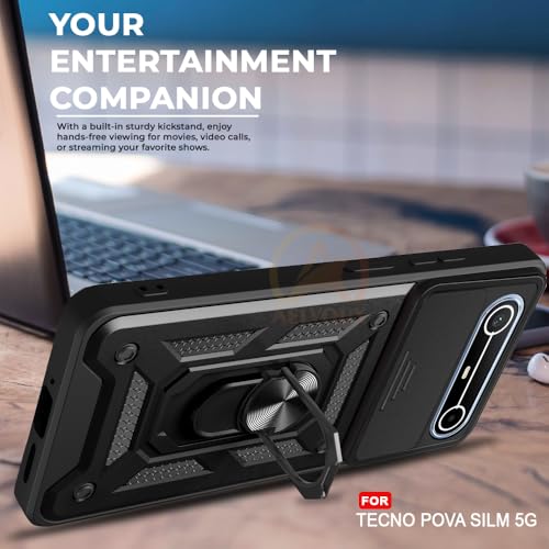 Image of Armor Bumper Back Cover Case for Tecno Pova Slim 5G Rotating Camera Cover, Ring Holder & Kickstand | Heavy Duty & 360 Degree Protection Tecno Pova Slim 5G Back Cover (Black)