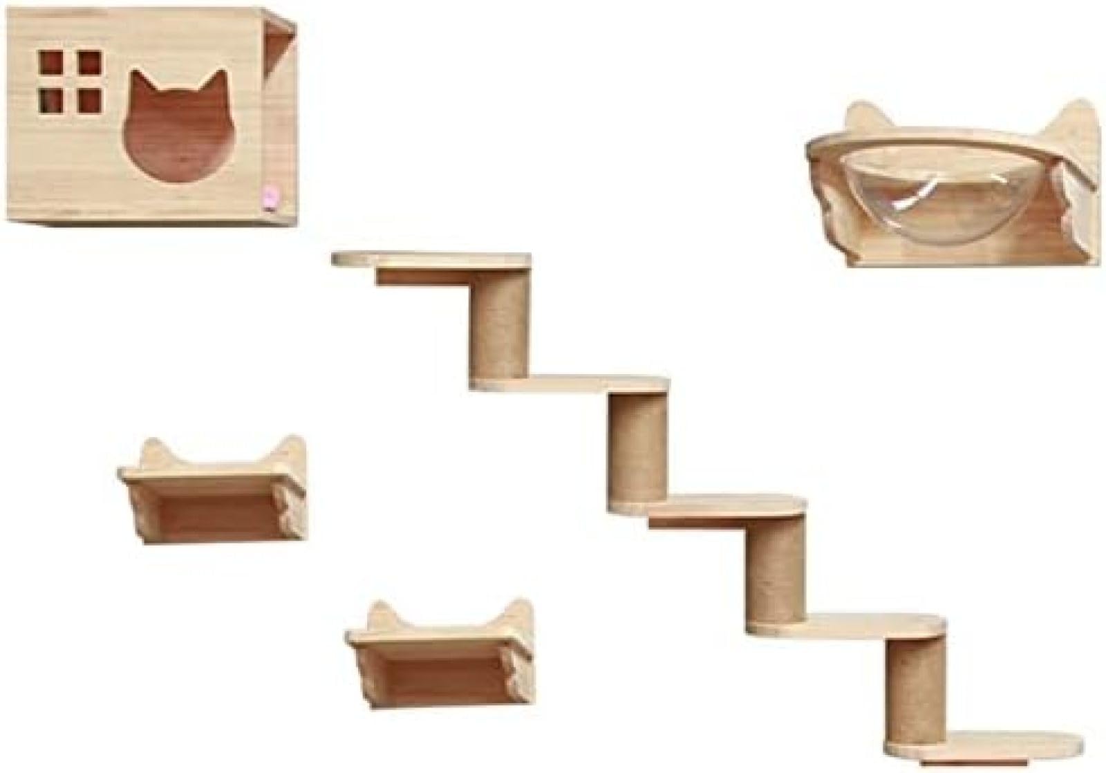 Katzen-Wandregal Set Mit 3 Stufen & Hängematte – Kletterregal Aus Holz Mit Plüschbezug Für Innen