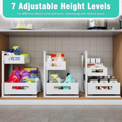 Image of Petiza Under Sink Organizer Adjustable Height 2 Tier Bathroom Organizer Pull Out Cabinet Organer kitchen organizers and storage fridge organizers and storage,White,XL-1 Pack