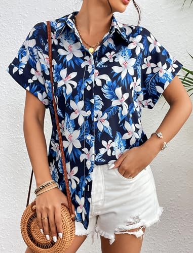 Zeagoo Women's Hawaiian Button Down Shirts Casual Short Sleeve Floral Tropical Print Summer Blouse Tunic Top4