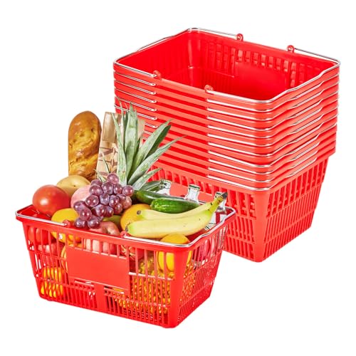 VEVOR Cestas de la Compra Apilables, Plástico PE, 21 L, con Asas Metálicas, Estructura de Malla Densa, Carga 9,07 kg, para Supermercados, Tiendas, Tiendas Minoristas y Uso Doméstico, Rojo, 12 uds