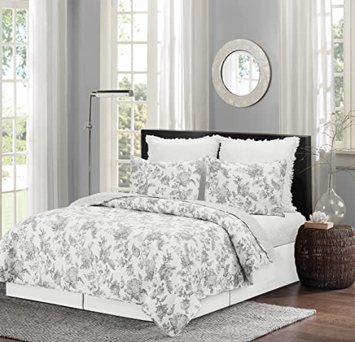 C&F Home Miriam Slate King 3 Piece Reversible Coverlet Quilt Set With 2 King Shams Quilt Set Grey And White Floral Toile Elegant Reverse To Grey And White Stripe King 3 Piece Set Slate #TOP2