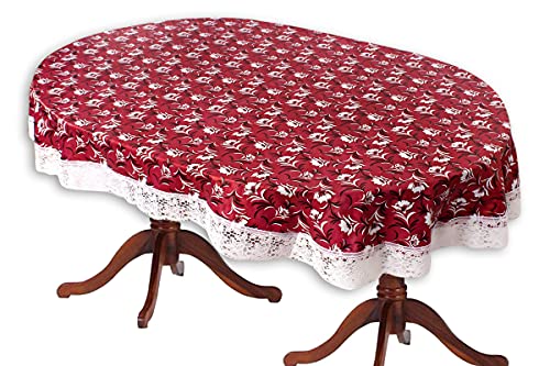 Image of The Furnishing Tree Waterproof PVC Oval Shaped 8 Seater Table Cover WxL 60x90 inches Floral Pattern Magenta with White Border lace