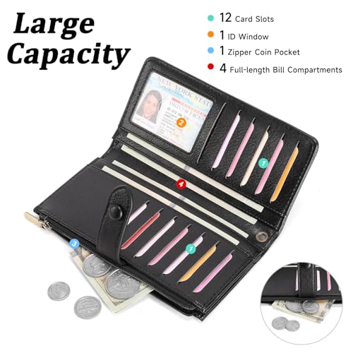 Image of GOIACII Womens Wallets Large Capacity Credit Card Holder RFID Blocking Leather Wallet Wristlet Ladies Clutch Purse Black
