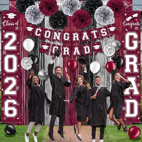 Image of Graduation Party Decorations Class of 2026, Graduation Decorations with Congrats Grad Banner Fringe Foil Curtain Paper Flower Ball Balloons for High School College Graduation Party Supplies, Maroon