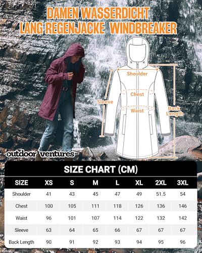 Outdoor Ventures Damen Wasserdicht Regenjacke Lang Windbreaker Übergangsjacke Leichte Atmungsaktiv Outdoorjacke Raincoat Regenparka mit Kapuze Burgunderrot M