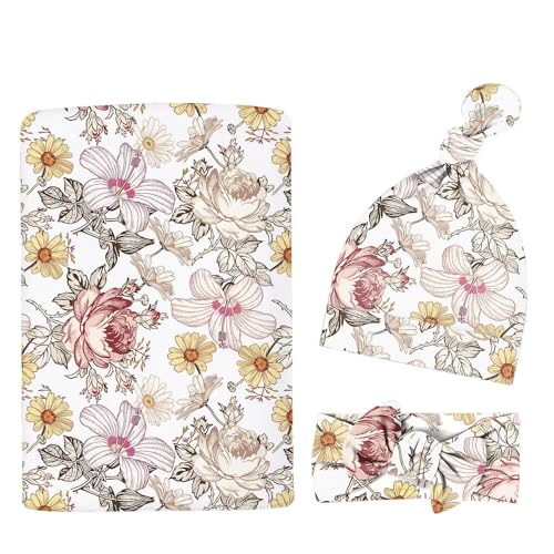 Image of Newborn Swaddle Set with Matching Headband Hat and Bow Set Floral Baby Girl Newborn Receiving Blankets Baby Swaddle Nursery Wildflower Baby Blanket