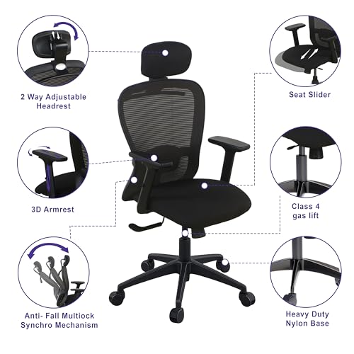 Image of Wakefit Safari Ergonomic Office Chair for Work | 3 Year Warranty | Multi-Lock Seat Slider and Recline | Soft Armrest with 3D Adjustability | Strong Nylon Base | 8+ Hours of Comfort | Black