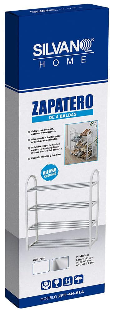 SILVANO Scarpiera organizer per scarpe, scaffale per scarpe, 4 ripiani, struttura resistente, colore bianco, 19 x 58 x 65 cm, portatile, multifunzione, per la stanza, camera da letto, corridoio