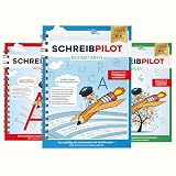 SCHREIBPILOT 3er Set Schreiblernhefte für ABC-Schützen mit vorgeprägten Buchstaben, Zahlen und Wörtern | Lernsystem entwickelt von Lehrern, Professoren und Schülern