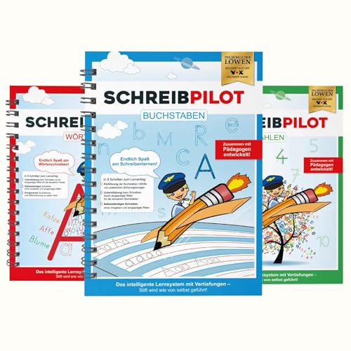 SCHREIBPILOT 3er Set Schreiblernhefte für ABC-Schützen mit vorgeprägten Buchstaben, Zahlen und Wörtern | Lernsystem entwickelt von Lehrern, Professoren und Schülern