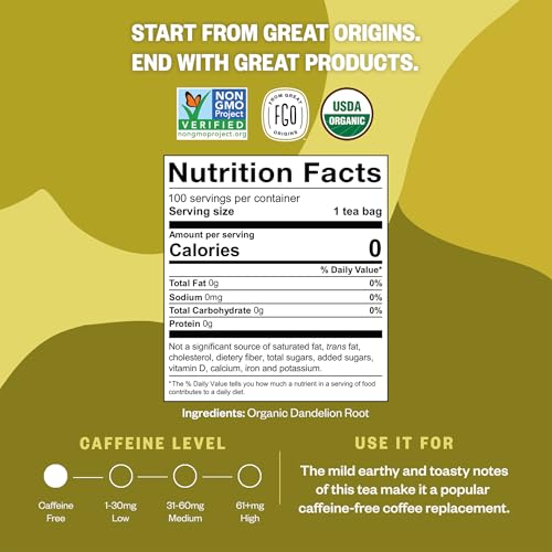 Image of FGO Organic Roasted Dandelion Root Tea, 100 Count, Eco-Conscious Tea Bags, Resealable Bag, Caffeine Free, Packaging May Vary (Pack of 1)