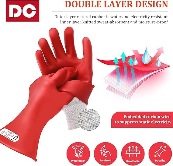 Image of DongChu 500V Natural Rubber Gloves - Class 00 Electrical Insulating Low Voltage Linesmen's Gloves, Cotton Anti-Static Knitted Lining, Double-Layer Design, Size 9