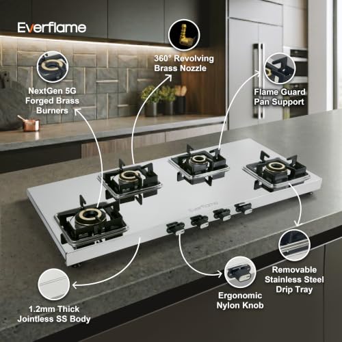 Image of Everflame Prime 4 Burner (Long) Stainless Steel Gas Stove | 1.2mm Thick Jointless SS Body | Manual Ignition | 5 Years Warranty on Glass & Burner + 2 Years Comprehensive Warranty